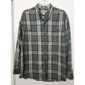 Duluth Trading Co Flannel Shirt Sz Large Green Plaid Button‎ Up Cotton Pockets
